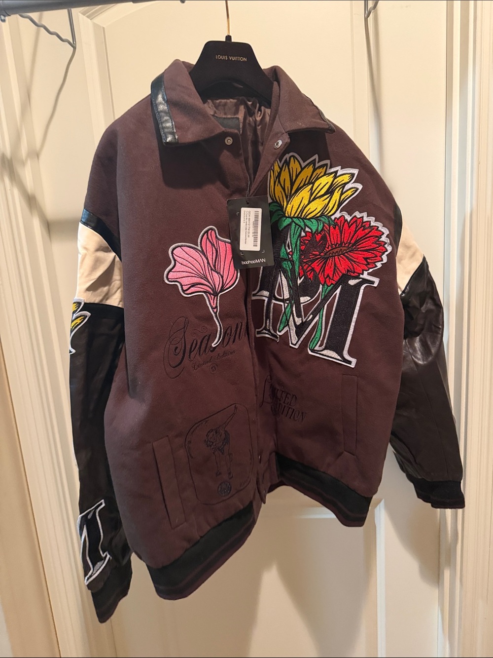 Boohoo Brown Floral Patchwork Varsity Jacket with Black Sleeves